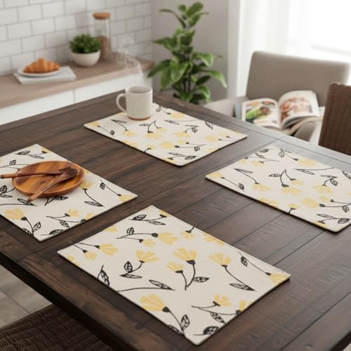 DaDa Bedding Yellow Fleur Floral Botanical Dining Table Placemats - Set of 4-Pieces Tapestry Spring Time Golden Orange Floral Garden Design - Decorative Cotton Linen Woven Kitchen Mats - 13” x 19” - color: Yellow Fleur