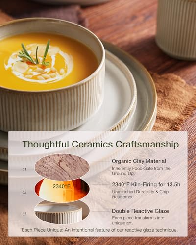 Famiware Star Stoneware Dinnerware Sets for 8, Reactive Glaze Plates, Bowls - color: Cappuccino White