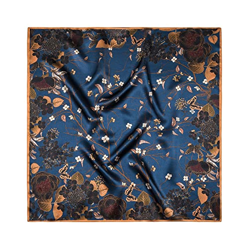 100% Mulberry Silk Scarf - 25.6" Square Neckerchief & Headscarf Gift Packed - color: Night Flowers