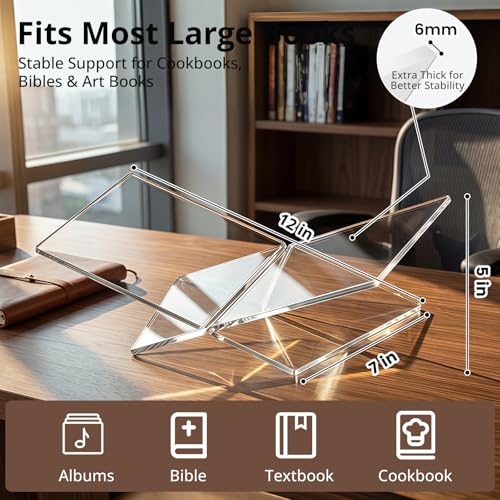 Acrylic Desktop Book Stand, Clear Angled Book Holder Display for Cookbooks, Magazines & Art Books, 12×7×5 in Slim Transparent Reading Stand for Desk & Coffee Table - size: 6mm Thick-12*7*5in
