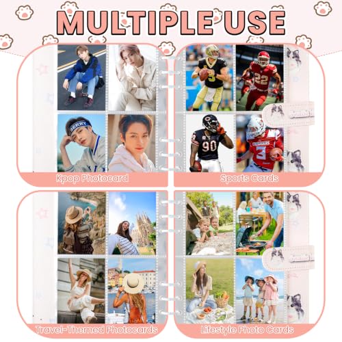 A5 Kpop Photocard Binder, 6 Ring Binder Album with 200 Card Slots, Leather Binder Cover with Magnetic Buckle Closure for Organizing Trading Cards(Cute Cat) - color: Pink white