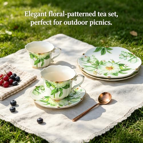 Vintage Porcelain Floral Tea Set — 22oz Teapot + 2 Tea Cup & Saucer Sets + 2 Gold Spoons | Porcelain Teapot and Cup Set, Tea for One/Tea Party Set (Green)
