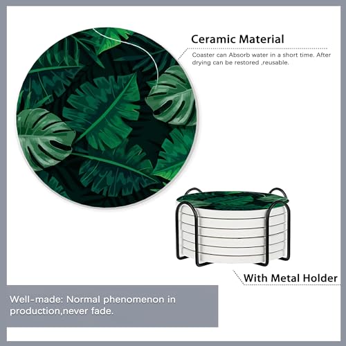 Drink Coasters Set of 6 with Holder,Tropical Palm Leaves Green Absorbent Ceramic Coasters with Cork Base,Fit All Cups,Tabletop Protection Mat for Mugs and Cups,Office,Kitchen - color: Tropical Palm Leaves Green