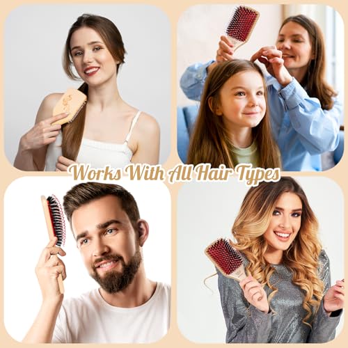 URTHEONE Hair Brush,Boar Bristle Hair Brushes and Hair Comb Set for Women Men Kids, Best Natural Wooden Paddle Hairbrush for Wet or Dry Hair - color: Red