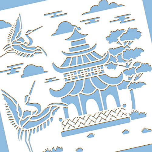 BENECREAT 12x12inch Oriental Theme Plastic Painting Templates, Pagoda Crane Pattern Drawing Stencils for Scrapbook Decoration DIY Crafts - color: Crane