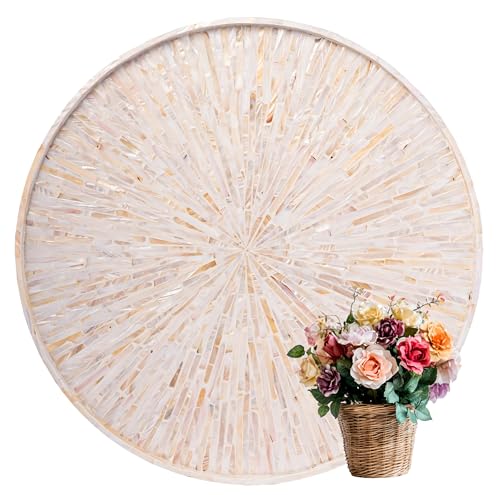 PEMAR 22" Round Mother of Pearl Extra Large Ottoman Tray with Raised Edge, Oversized Decorative Luxury Wooden Serving Tray for Food, Coffee Table, Breakfast in Bed (White Cream Sunlight) - color: White Cream Starburst Sunlight