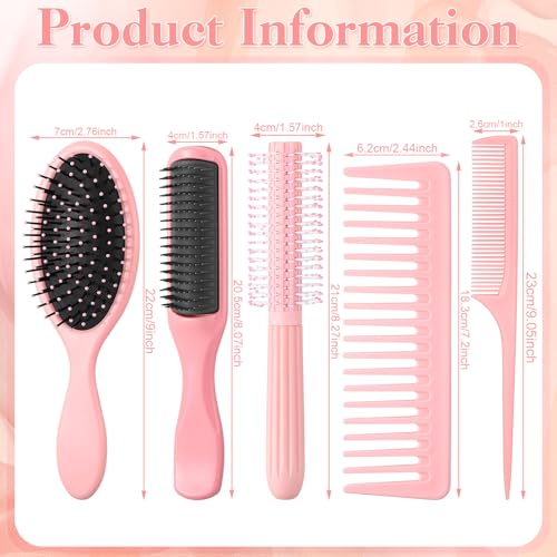 5Pcs Pink Hair Brushes for Women Hair Comb Set Detangler Brush for Men and Women Wet, Dry, Curly and Straight Hair - color: Pink