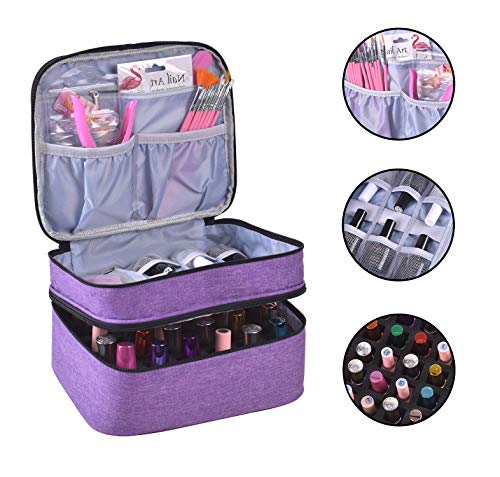 Nail Polish Organizer- Holds 30 Bottles Nail Supply Organizers and Storage Double-layer Nail Bag Organizer Case Nail varnish Organizer Nail Polish Storage Bag with Handle(Purple) - color: Purple