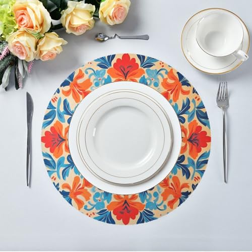 Orange and Blue Flower Round Placemats Washable ‌Heat Resistant‌ ‌Non-Slip Place Mats Table Place Mat for Kitchen Dining Set of 6 - color: Orange and Blue Flower, size: 15.4x15.4inx6
