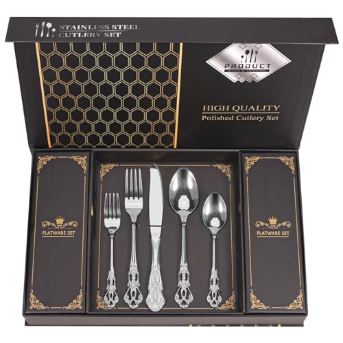 Retro Royal Silverware Set With Gift Box, 20-Pieces Cutlery Set Utensils Stainless Steel Flatware For 4 MIKIWAY Kitchen Tableware Set For Gifts Festive, Dishwasher Safe, Mirror Polishing - color: A-Mirror Silver (Gift Box)