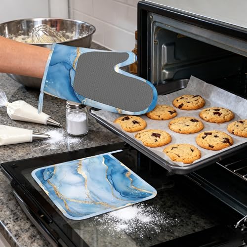Blue Gold Marble Heat-Resistant Silicone Oven Mitts and Pot Holder 4 Piece Set,Non-Slip Kitchen Oven Gloves for Baking, BBQ, Cooking,Grilling - color: Blue Gold Marble