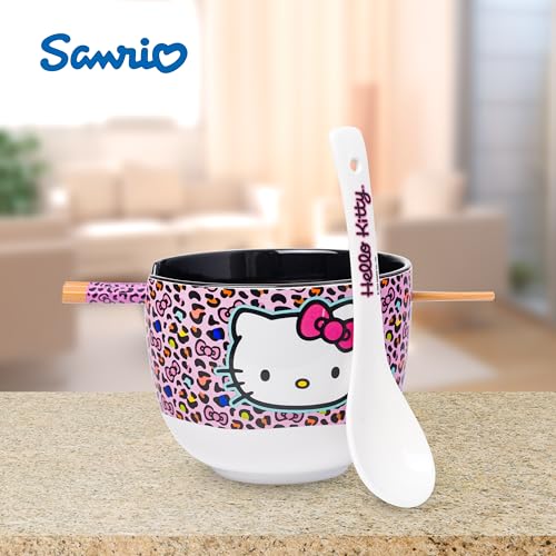 Silver Buffalo Sanrio Hello Kitty Leopard, Ramen Bowl with Chopsticks, 20oz - color: Hello Kitty Pink Leopard Print Spoon, size: 20 Ounces (With Spoon)