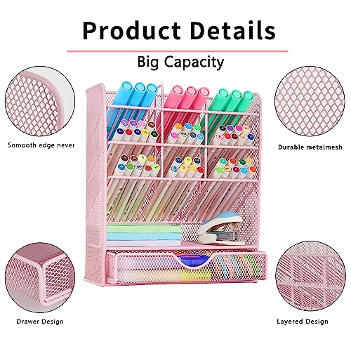 Spacrea Pen Holder Desk Organizer - Desk Organizers and Accessories, Pencil Holder with 10 Compartments and 1 Drawer（Pink）