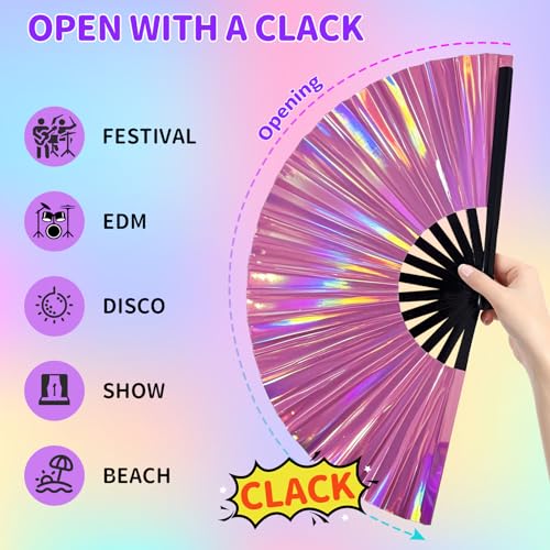 EOSAU Large Holographic Rave Fan Folding Hand Fans with Holster, Pink - color: 13" Pink Suit