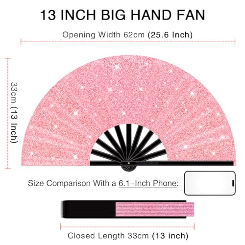 13" Large Folding Rave Fan with Holster, Clack Hand Fans Foldable for Line Dancing for Women Men Festival EDM Party Decoration, Glitter Pink 2 Pack - color: Glitter Pink