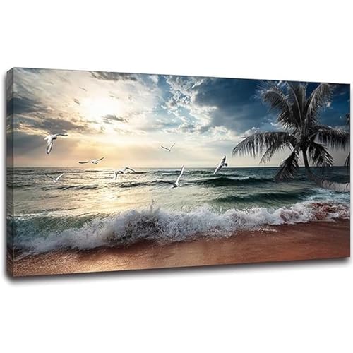 Yxbhhym Large Beach Ocean Canvas Wall Art Coast Sunset Sea Paintings Poster Seascape Picture Palm Artwork for Living Room Bedroom Home Decorations Wall Room Decor Modern Framed 24x48inches - color: Beach Wall Art, size: 48"L x 24"W