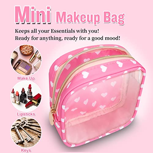 Mini Clear Travel Makeup Organizer Bag for Purse, Samll Cute Preppy Pink Makeup Bag Cosmetic Zipper Pouch Purse, Transparent PVC & Nylon Waterproof Toiletry Storage Clutch for Women Girls(Pink Heart) - color: Pink Heart-Clear, size: Mini