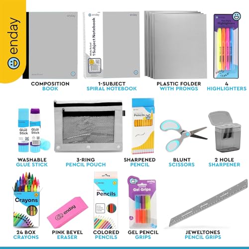 Enday Back to School Supplies for Kids, School Supply Box Grades K-5 (Grey, 1 Kit) - color: Grey, size: 1 Kit