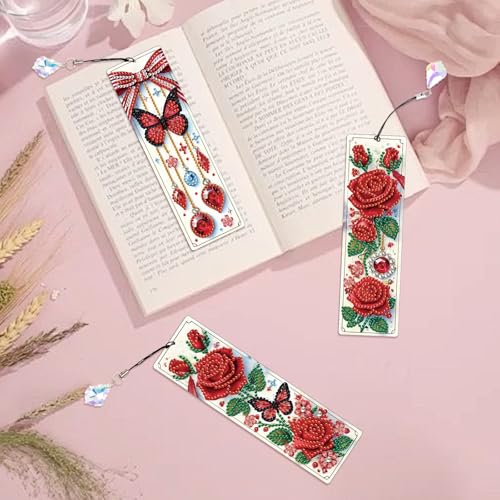 Tontut 3pcs Diamond Art Painting Kit Bookmarks, Butterfly Rose Flower Exquisite General DIY Bookmarks, Lightweight and Durable, Suitable for Reading Lovers - color: Rose