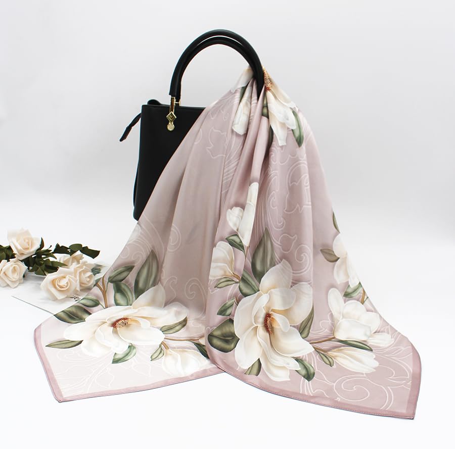 ANDANTINO 100% Mulberry Silk Scarf -Women 35" Square Hair Wraps-Gift Packed - color: Camellia-pale Pink