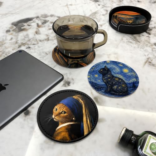 Cat Art Coasters for Drinks with Holder Leather Coasters Set of 6 for Bar Coffee Table - color: Cat Art