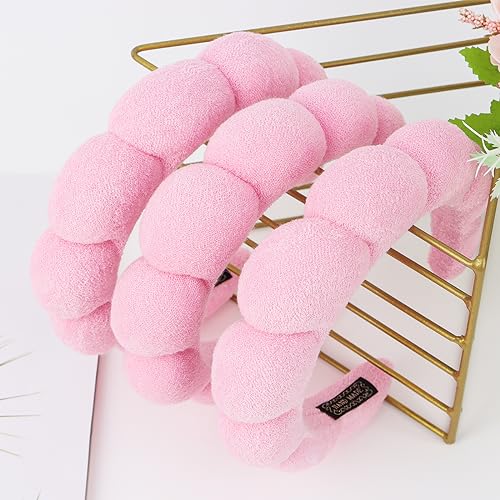 WHAVEL 3 Pack Spa Headband Skincare Headbands, Makeup Headband Sponge Terry Cloth Headbands Face Wash Headband Puffy Hair Band for Washing Face Women Girls (Pink) - color: Pink