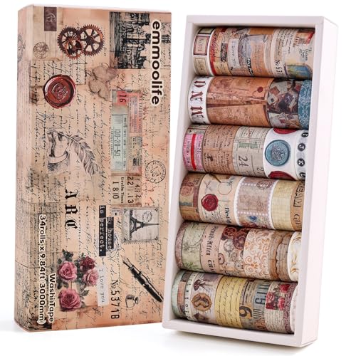 34 Rolls Vintage Washi Tape Set,Letter Map Stamp Stripe Literature Art Writable Aesthetic Washy Decorative Tapes for Scrapbooking, Junk Journal Supplies, Bullet Journaling 5-50mm Wide (3m Long)/Roll - style: Manuscript Style 2
