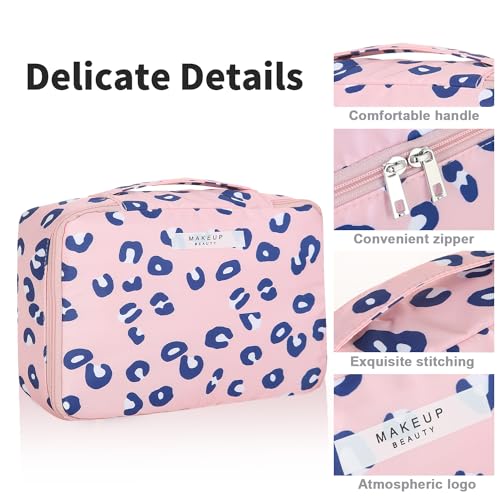 Queboom Travel Makeup Bag Cosmetic Bag Toiletry Bag for Women & Men - color: Pink Leopard-1pcs