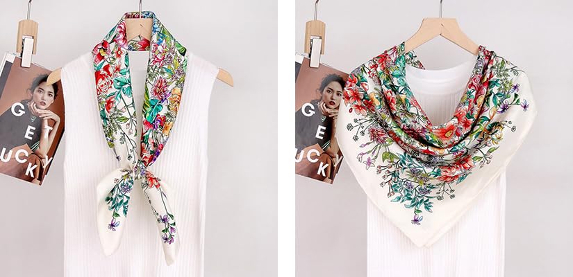 ANDANTINO 100% Mulberry Silk Scarf -Women 35" Square Hair Wraps-Gift Packed - color: Flowers-white-twill