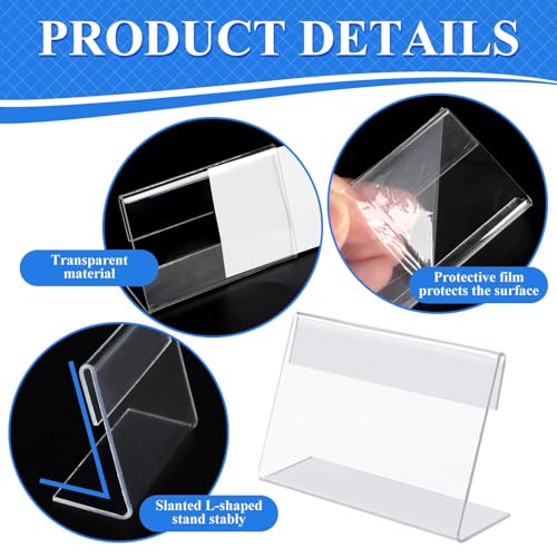 36 Mini Acrylic Sign Holder Name Card Price Tag Label Holder with 36 PCS Blank Labels Slanted L-Shape Plastic Name Card Price Card Tag Label Counter Top Stand