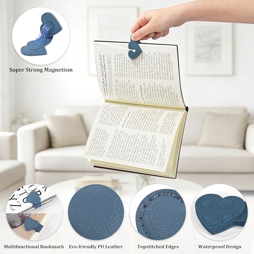 2Pcs Magnetic Leather Bookmarks with Pen Holder Gift Box, Heart-Shaped Magnetic Book Marks for Book Lover Readers Cute Leather Bookmark for Women Girls (Blue) - color: Blue