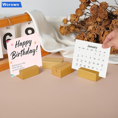 Worown 12 Pcs Mini Wooden Place Card Holders, Small Wooden Table Number Stands, Name, Price Tags Stands for Party Buffet, Wedding, Cafe Bar, Dining Room ( Gold-Includes Adhesive Stickers) - color: Gold