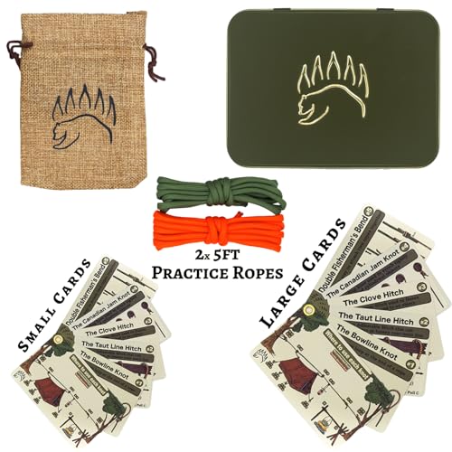 Knot Tying Kit | Camping & Outdoor Knots Edition - by The Bear Essentials Outdoors with Waterproof Knot Cards | for Survival, Camping, Backpacking, Hiking & Scouts - style: Regular + Large Cards Kit