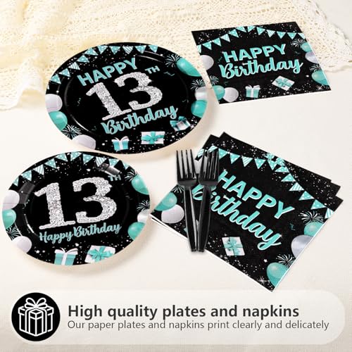 96Pcs Teal Black 13th Birthday Party Decorations, Serves 24 - style: Peacock Blue Black 13th Birthday
