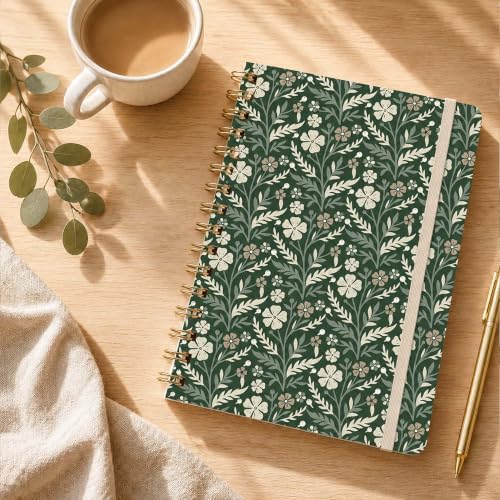 Green Floral Lined Spiral Notebook, Pretty Hardcover Journal 6'' x 8.4'', Botanical Notebook for Women, Work, Writing, Journaling Gift - color: green sage