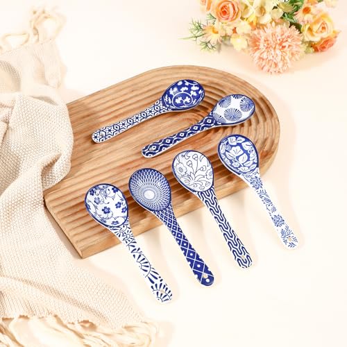 Selamica Ceramic Soup Spoons, 6.2 Inch Spoon Set of 6, Vintage Blue - size: 6.2 Inch, style: Vintage Blue