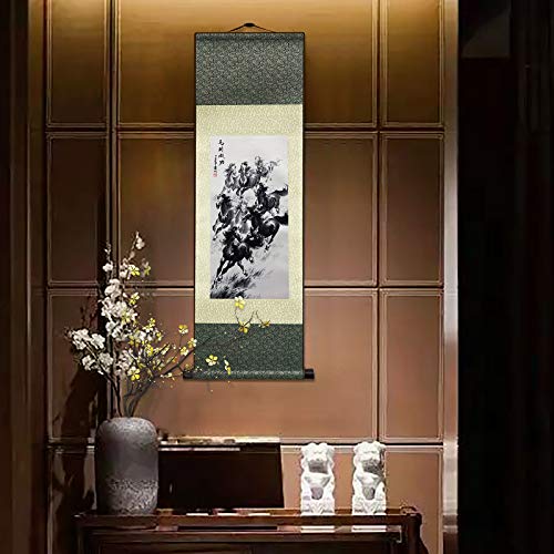 AtfArt Silk Scroll Painting, Asian Wall Art, Eight Racehorses, 36.2x12in - color: B3