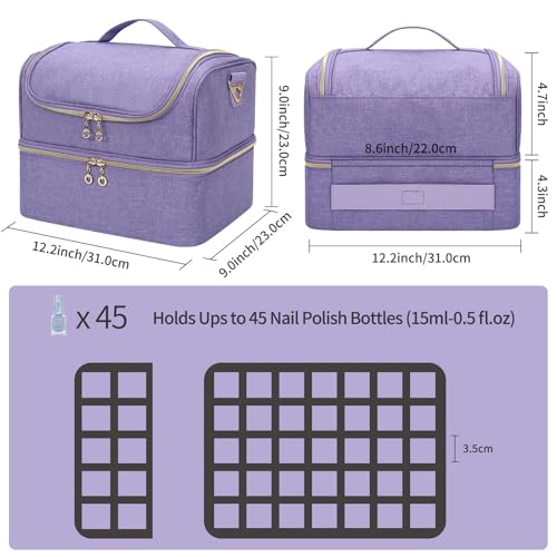 CUBETASTIC Nail Polish Organizer Case, Nail Supplies Storage Box Holds 45 Bottles Nail Polish & Nail Lamp, Travel Nail Tech Carrying Case, Nail Kit Bag For Nail Stuff & Manicure Tools - color: Purple, size: 45 Slots