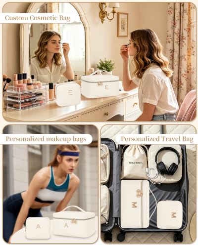 Custom Initial Cosmetic Bag 2‑Piece Set for Women Teen Girls, Beige E - size: E