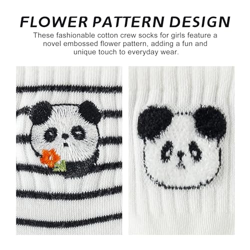 Cute Thin Crew Socks for Women Viscose Bamboo Cotton Girls Ankle Pattern Stripe Novelty Preppy Sock 5 Pairs - color: Panda/Black White