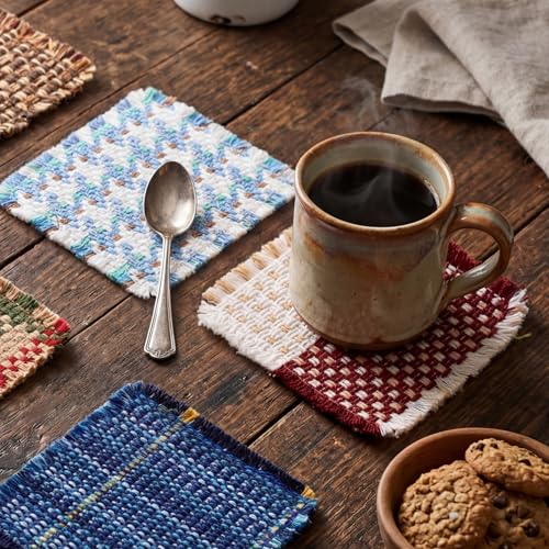 Set of 10 Fabric Drink Coasters, Handcrafted Cotton Woven Coasters for Table, Coastal Farmhouse Table Decor for Coffee Tea Cocktails, Absorbent Soft Desk Coasters for Kitchen Office, Housewarming Gift - color: Red & White