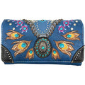Zelris Turquoise Concho Peacock Feather Women Crossbody Wrist Trifold Wallet - color: Royal Blue