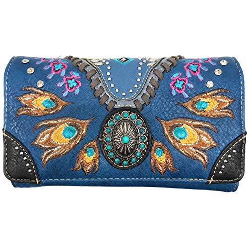 Zelris Turquoise Concho Peacock Feather Women Crossbody Wrist Trifold Wallet - color: Royal Blue
