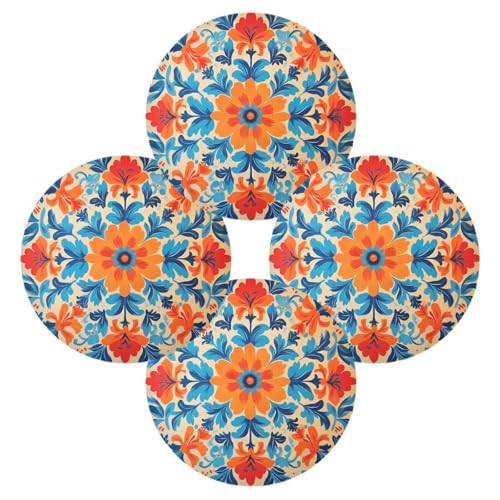 Orange and Blue Flower Round Placemats Washable ‌Heat Resistant‌ ‌Non-Slip Place Mats Table Place Mat for Kitchen Dining - color: Orange and Blue Flower, size: 15.4x15.4inx1