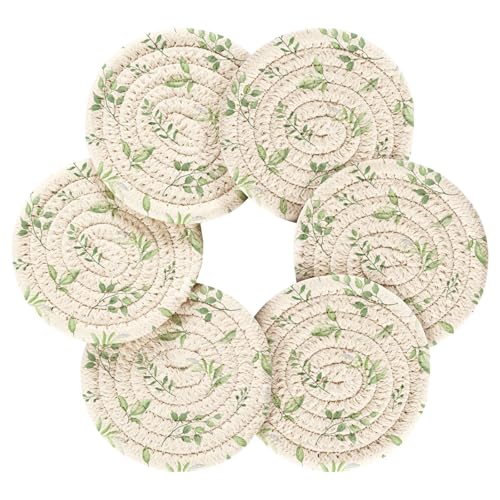 Green Leaves Drink Coasters Set - 6 Pcs Minimalist Woven Coasters with Holder for Home Decor, 3.94 Inch Absorbent Coasters for Drinks - color: A05
