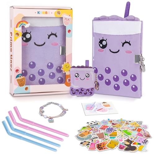 All In One Gift Kit for Girls – Back to School Supplies, Lock and Key Plush Journal Stationery Set with 53 Stickers, 1 Bracelet, 1 Coin Purse, 4 Straws and 3 Sticky Notes, Journaling Kit for Kids, Tweens & Teens (Purple Boba) - color: Purple