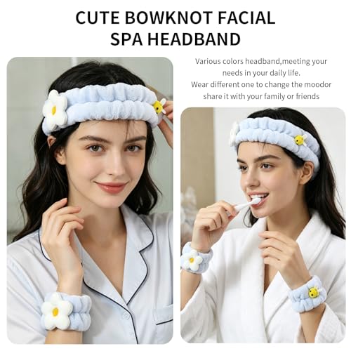 PERFECTSIGHT Kawaii Headband for Spa, Makeup, Washing Face, Party - 2 Pack Cute Hair Band for Shower Beauty Skincare, Soft Facial Headbands for Girls and Women (Blue Flower Bee) - color: Blue Flower Bee