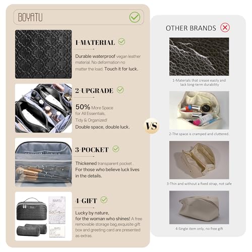 BOYATU Travel Makeup Bag for Women: Four Leaf Clover 3 Pcs Set Cosmetic Bag - color: M-06Black