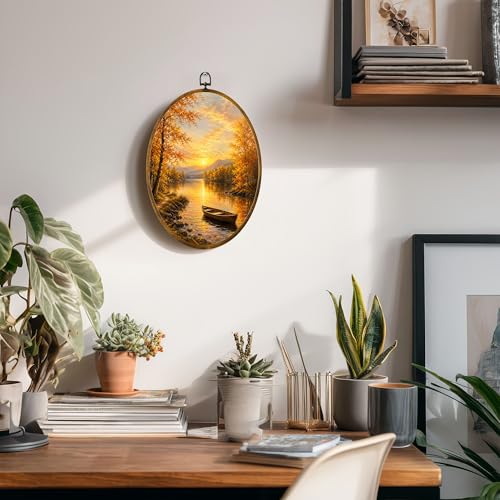 Fall Lake Oval Wall Art, Framed Canvas Decor, 8.5x11.5 Inch - color: Sunset Lake Boat Autumn Landscape