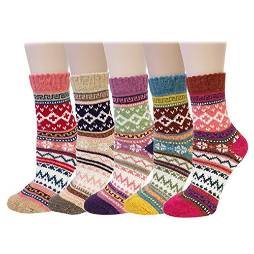 Bowbear Women’s 5-Pair Vintage Pattern Wool Socks - color: Swedish, size: 9-11